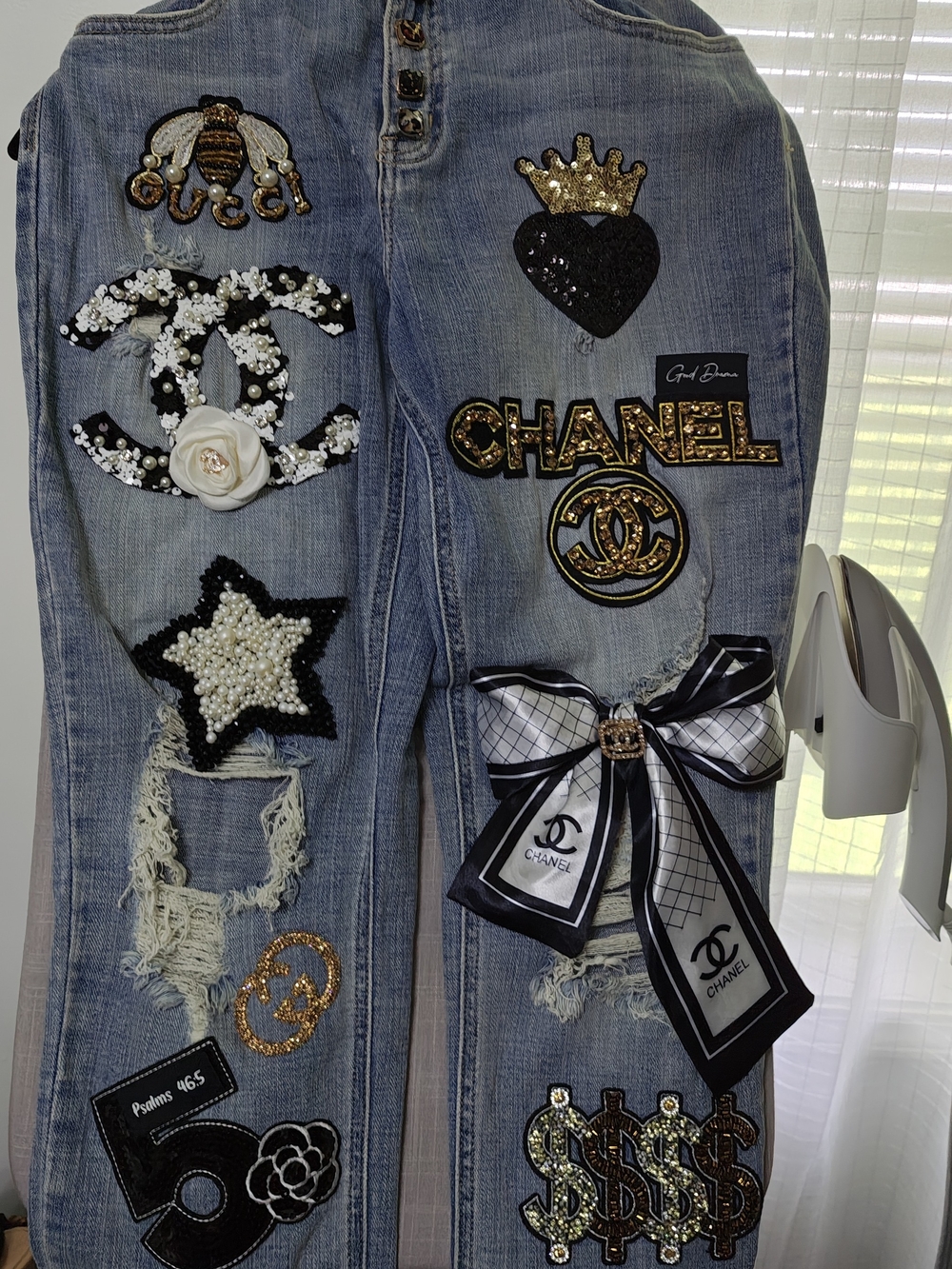 Women’s Light Blue Distressed Drama Jeans, with Chanel & Guccui Embellished - Picture 7 of 7